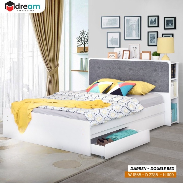 Ranjang Kasur Dipan Double Scandinavian White Minimalis 160x200 Dengan Laci