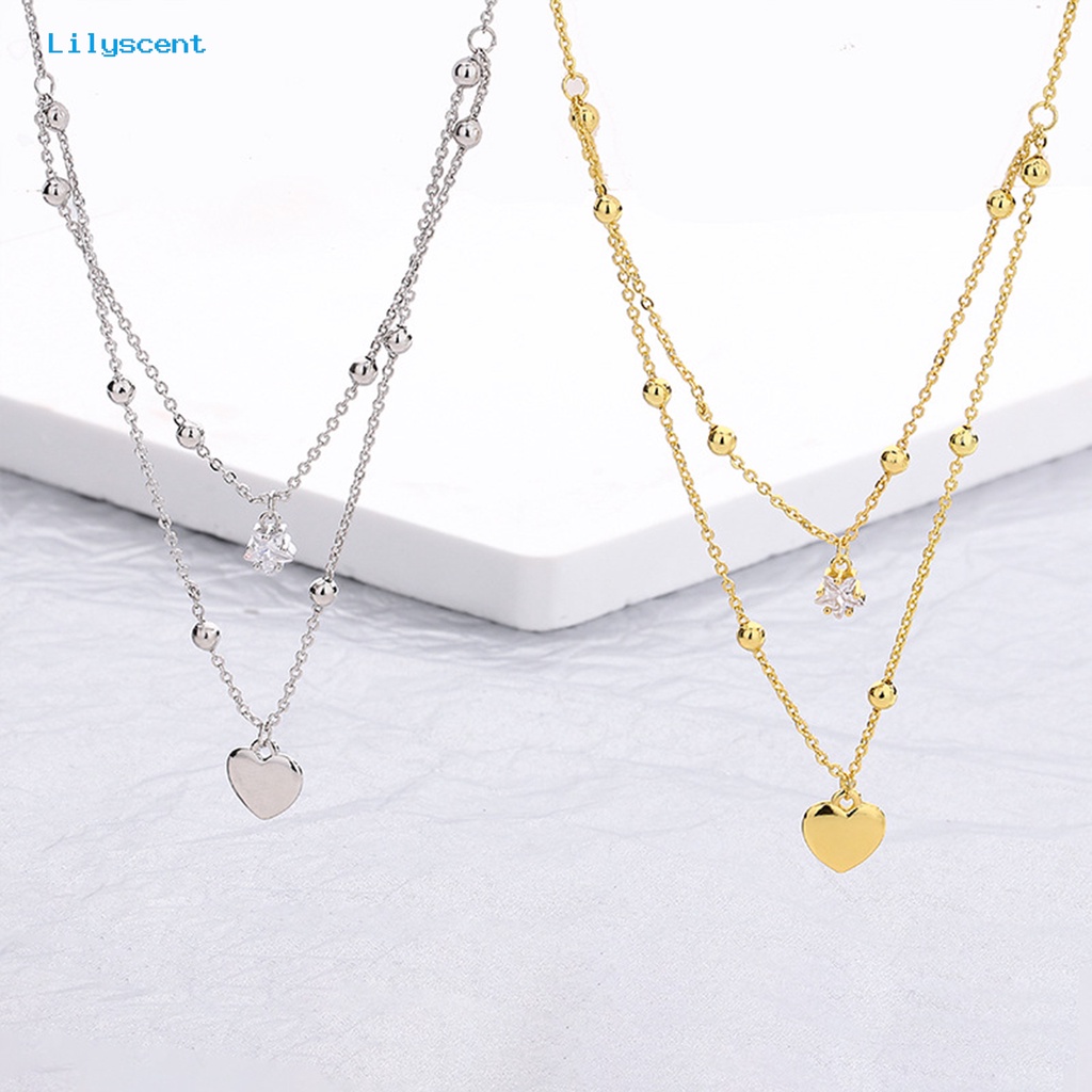 [LS] Kalung Wanita Gaya Korea Dan Jepang Fashion Aksesoris Hadiah Anniversary Manis Double-Layered Star Love Heart Rhinestone Necklace Untuk Pacaran