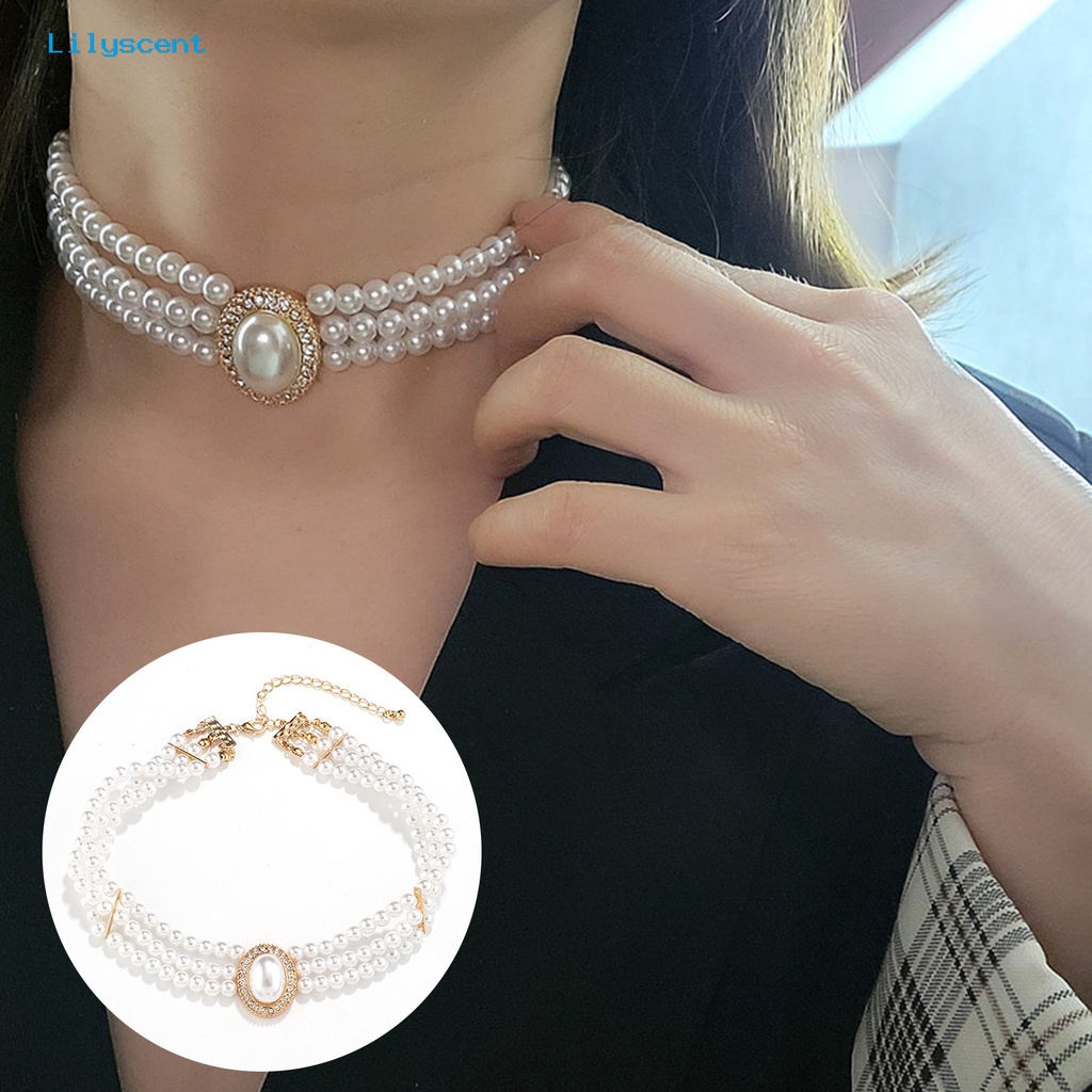 [LS] Wanita Choker Vintage Elegan Mengkilap Berlian Imitasi Bertatahkan Adjustable Dress Up Hadiah Wanita Mutiara Imitasi Klavikula Kalung Perhiasan Trendi