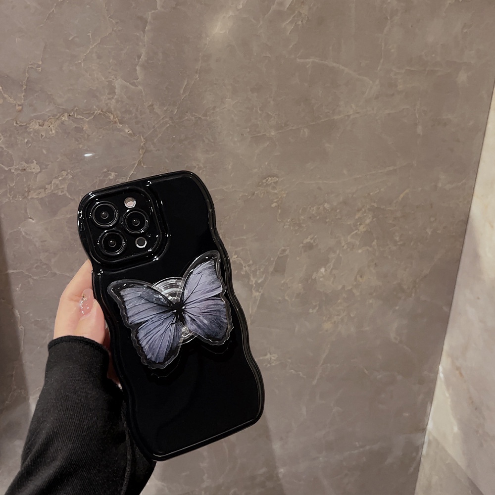 IPHONE Ins Hitam Simple Wavy Edges Silicone Case Dengan Butterfly Holder Untuk Iphone14 11 12 13 PRO MAX Casing Cover Pelindung AT0060