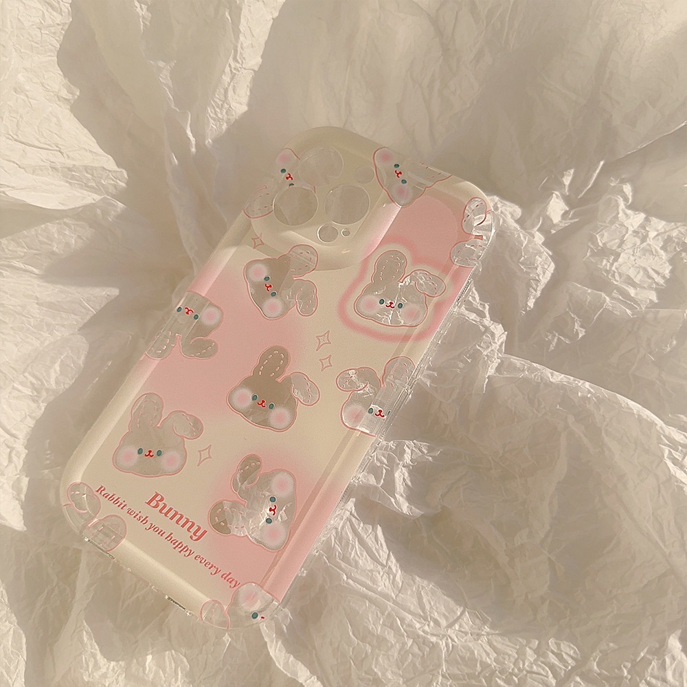 IPHONE Lucu Kartun Pink Bunny Kelinci Transparan Laser Film Ponsel Case Cover Untuk Iphone11 12 13 14 PLUS PRO MAX Perlindungan Penuh Soft Shell