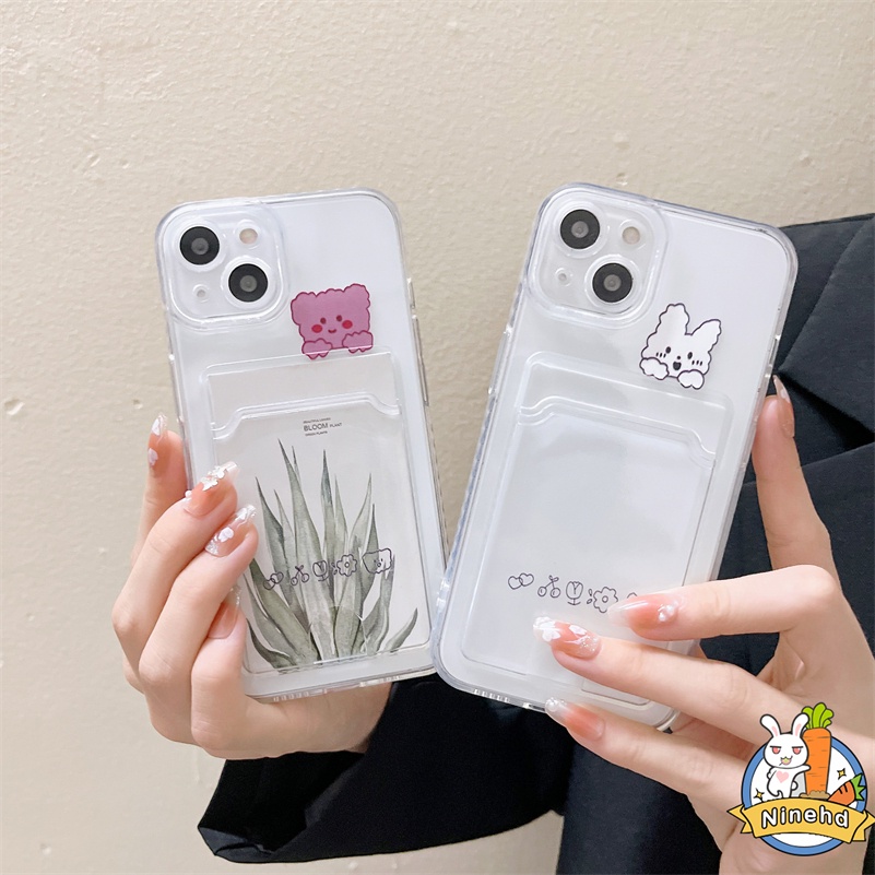 Case Tas Kartu Bening Kompatibel Untuk Iphone14 13 12 11 Pro Max X Xr Xs Max iPhone 8 7 6 6s Plus SE 2020 Ins Kartun Beruang Kelinci Bening Card Holder Silikon Shockproof Soft Phone Case