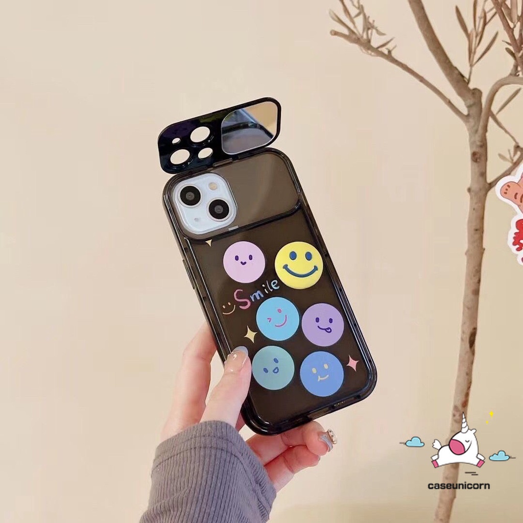 Casing Ponsel Kompatibel Untuk IPhone 7plus 8plus 11 14 13 12 Pro Max7 8 14 Plus XR X XS MAX SE Kreatif Flip Make Up Cermin Kartun Lucu Smiley Smile Lembut TPU Silicon Case