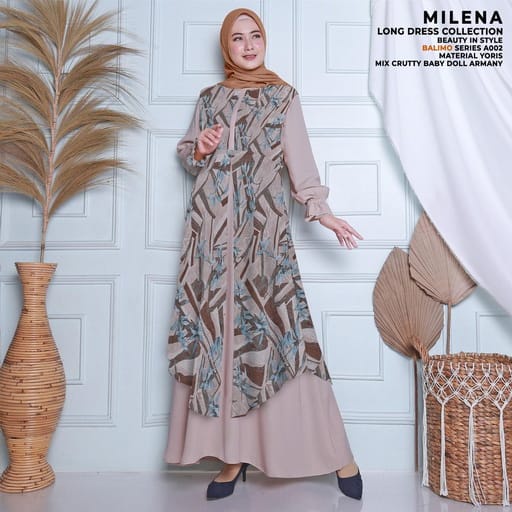 MILENA by Balimo Gamis Set Inner Dan Outer Polos Mix Motif Cantik Elegan Premium ORIGINAL Brand