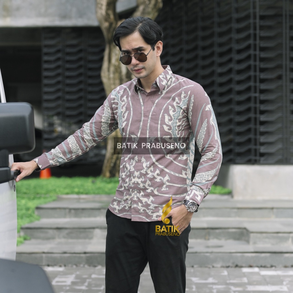 SAHIBA UNGU Batik PRABUSENO Pakaian Atasan Pria Baju Hem Dewasa Kemeja Katun Premium  Slimfit Lengan
