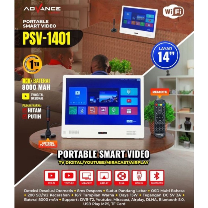 tv pintar 14" inci.bisa dibawa kemana-mana.ADVANCE SMART TV14” ADVANCE FORTABLE Psv-1401