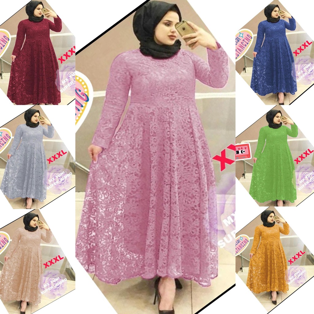 GAMIS YUNI 7 wrn JUMBO XXXL BUSUI BIGSIZE MAXI DRESS MUSLIM BRUKAT TULANG TIMBUL BROKAT CORNELI