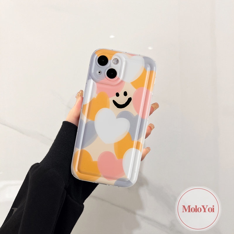 IPHONE Kartun Smiley Case Warna-Warni Cinta Hati Kompatibel Untuk Iphone11 14 13 12 Pro MAX XR 6 6S 78 Plus X XS MAX Shockproof Airbag Lembut TPU Silicon Back Cover