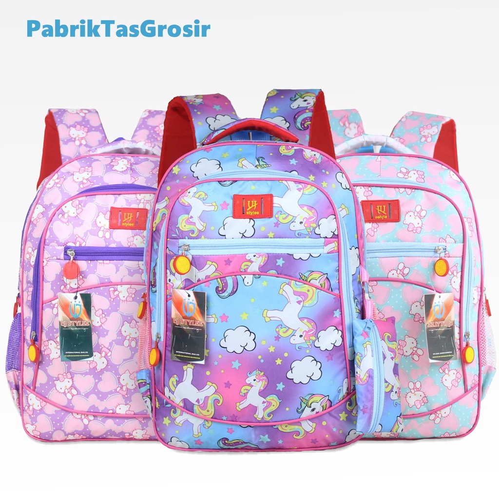 Tas Ransel Anak Perempuan TK SD  Hello Kitty Pony Unicorn Style Tas Sekolah Import Bonus Tempat Pensil Raincover Ukuran Compact Ngaji Les TPA TPQ Keren Cantik Ransel Backpack Gendong Cewek Unicorn Kuda Hello Kitty Pony Lucu Imut