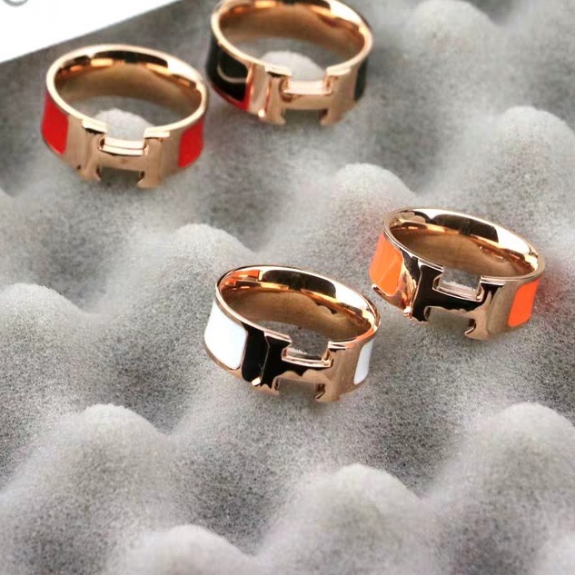 Cincin Enamel Epoxy Bahan Titanium Steel | Cincin Desain Huruf H Aneka Warna | Perhiasan Bahan Stainless Steel 18K | Kotak Hadiah Untuk Hadiah