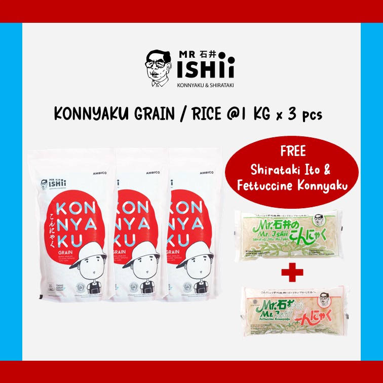 

MR. ISHII - Paket Bundling - Konnyaku Grain 1 Kg (3 Pcs) Free Fettuccine Konnyaku (1 Pcs) + Shirataki Itto (1 Pcs)