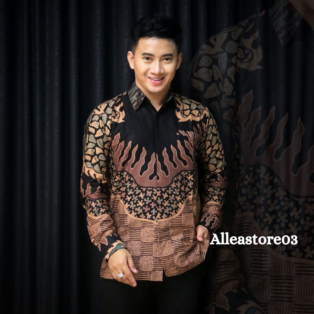 Kemeja Batik Pria Lengan Panjang Formal/Casual Motif Hitam Coklat Modern Premium Kemeja Terbaru Terlaris