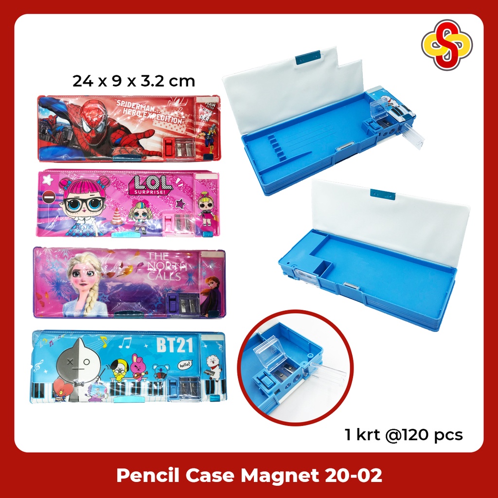 Kotak Pensil Magnet / Tepak / Pencil Case + Rautan Karakter Cowok Cewek Fancy 20-02