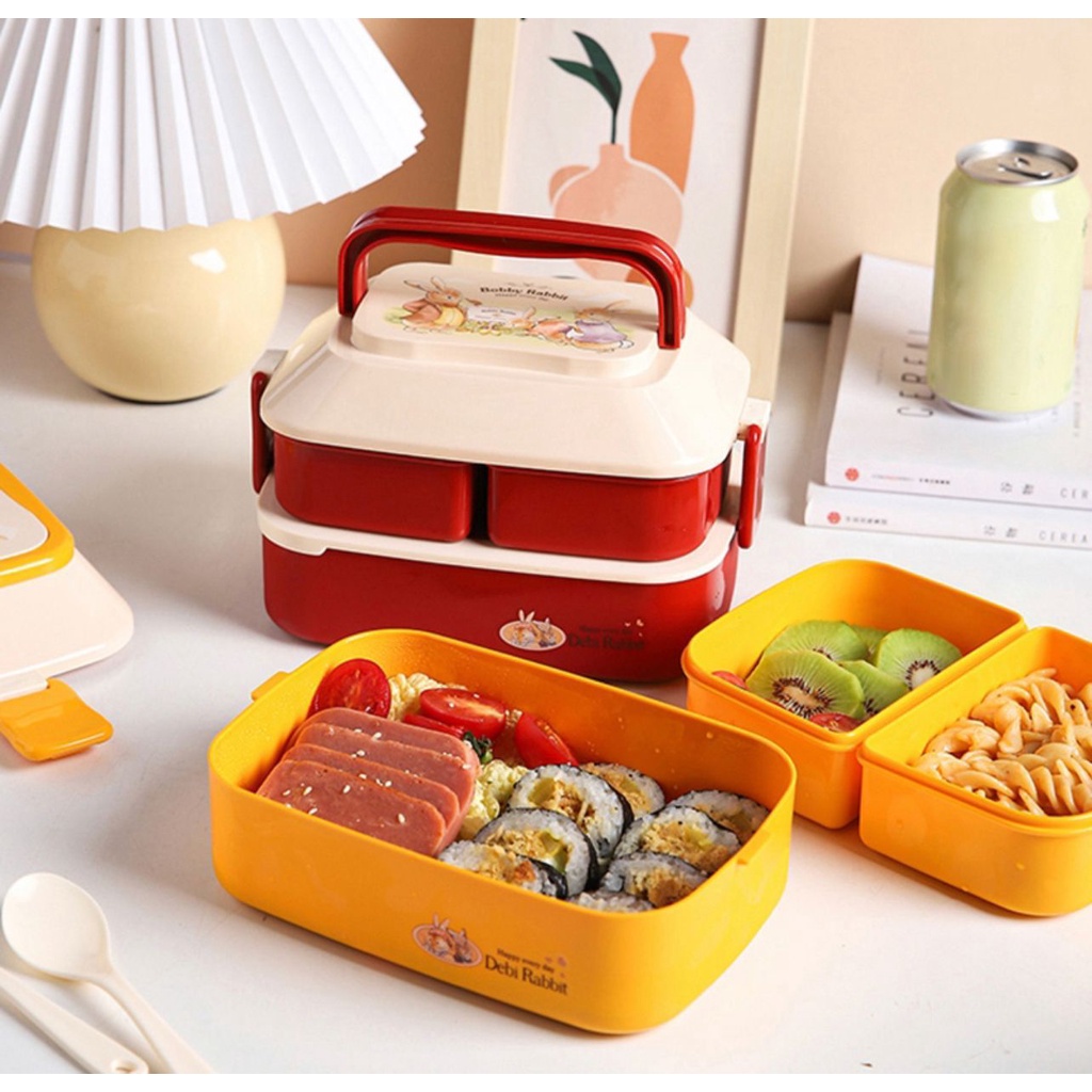 KOTAK MAKAN ANAK CUTE 2 SUSUN / LUNCH BOX KOTAK BEKAL FREE SENDOK GARPU