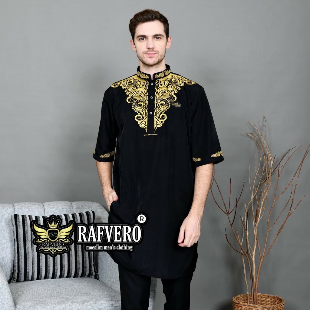 Baju Muslim Koko Pria Qurta Pakistan Bordir Premium Lengan Pendek Brand Rafvero M L XL Bisa COD