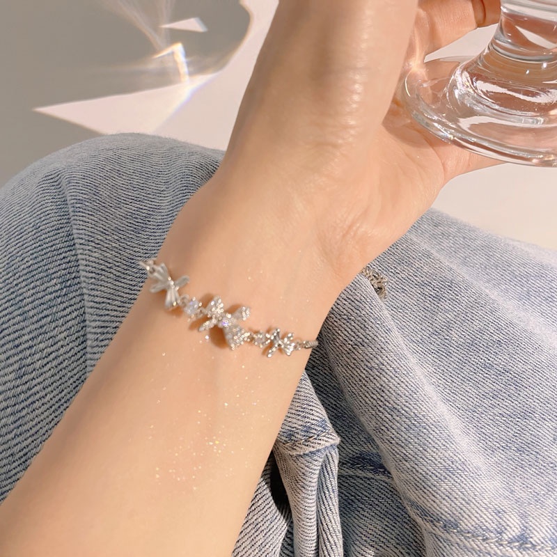 Gelang Bow Korea Zircon Sweet Simple Silver Bangles Untuk Perhiasan Aksesoris Wanita