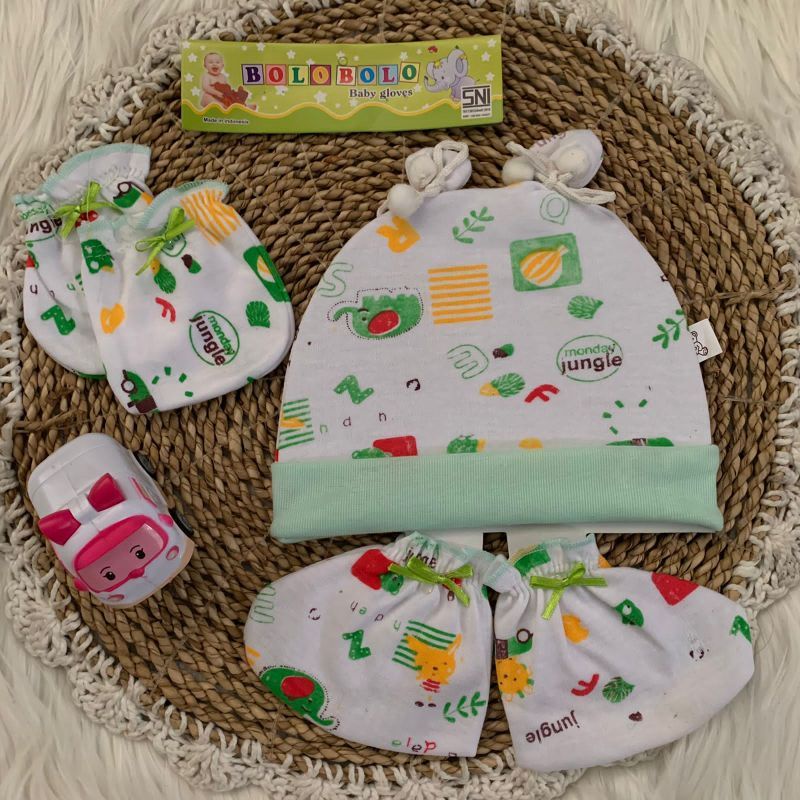 Topi Set Bayi + Sarung Tangan dan Kaki Bayi motif JUNGLE KOMBINASI NEWBORN |Fashion