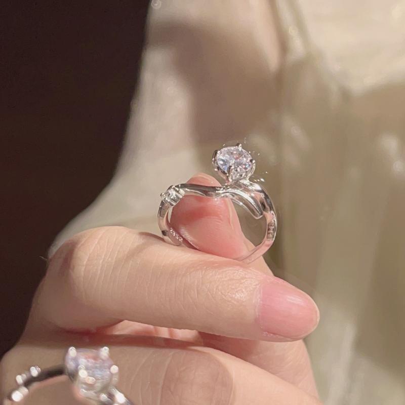 Cincin Perak Zirkon Pembukaan Geometris Tidak Teratur Perempuan Cincin Berlian Lamaran Korea