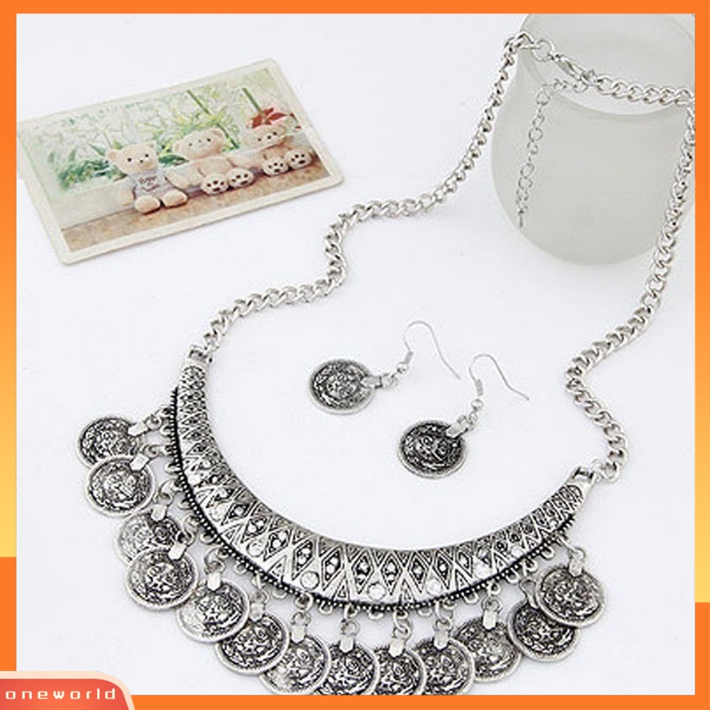 OW@ Vintage Antique Coin Statement Choker Chain Hoop Earrings Necklace Set Jewelry