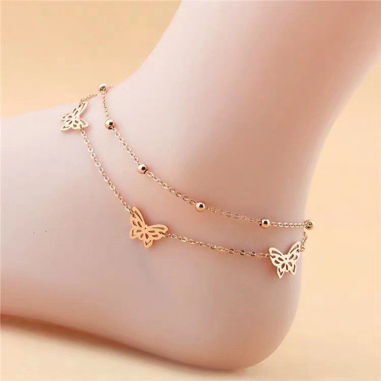 Gelang Kaki Bahan Stainless Steel Lapis Ganda Aksen Kupu-Kupu Warna-Warni Untuk Wanita Butterfly