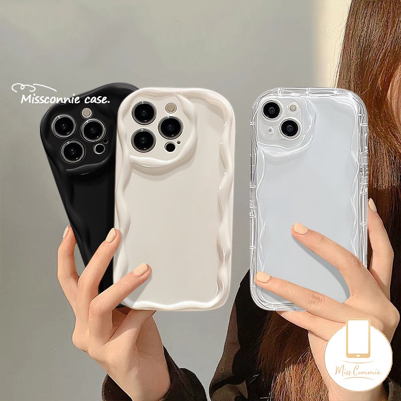 IPHONE Simple Fashion Warna Solid Wavy Edge Stereoscopic Cream Glossy Phone Case Kompatibel Untuk Iphone11Xr 78 Plus 11 12 13 14 Pro MAX X XS MAX Shockproof Soft TPU Back Cover