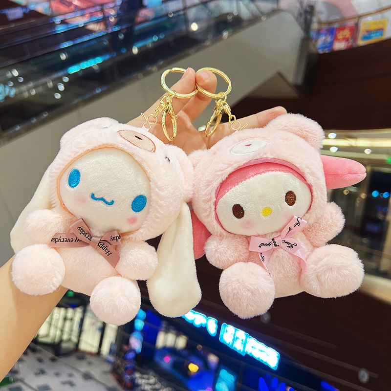 Kawaii Sanrio Gantungan Kunci Mewah Hello Kitty Anime Lucu My Melody Cinnamoroll PomPom Gantungan Kunci Mobil Wanita Tas Liontin Aksesoris Mainan Anak