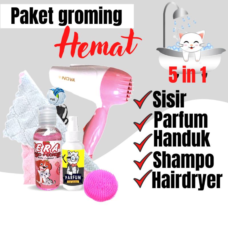 Paket Groming Kucing Lengkap Shampo sisir parfum Hairdryer handuk Kucing Anjing Shaestore15