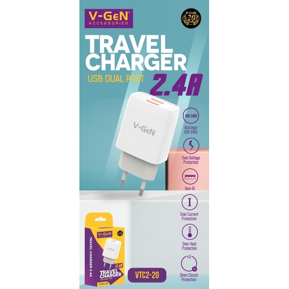 V-GeN Adaptor Travel Charger VTC2-20 - Vgen 2.4A 2 Port USB ORI