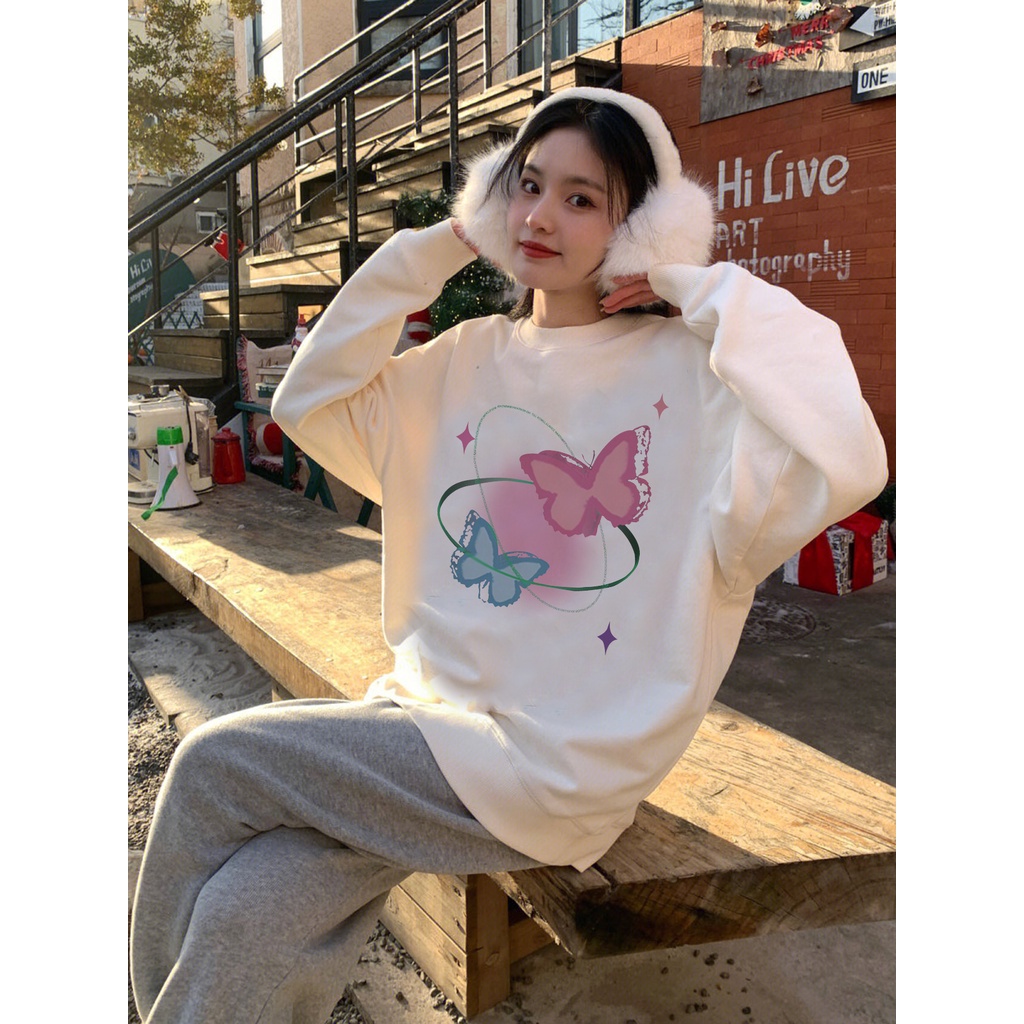 EUNII Sweater Lengan Panjang Cartoon Pink Butterfly Korean Style/Sweater Crop/Baju Wanita/Switer Wanita/Switer