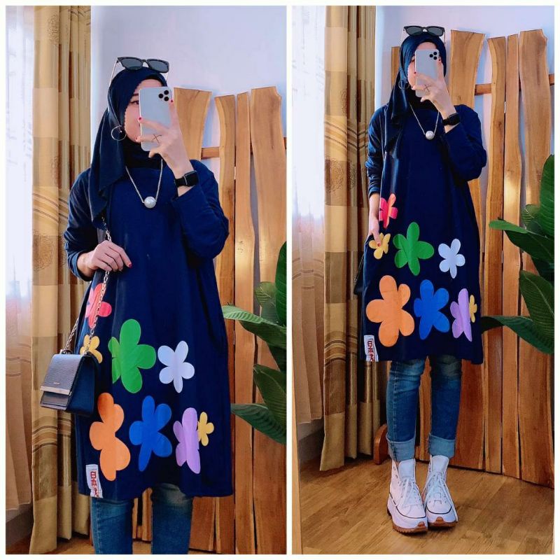 Flower Tunik, TUNIK OVERSIZE CANTIK MODIS BAHAN KAOS PRRMIUM FIT XXXXL LD 124-140 TERMURAH TERLARIS OOTD