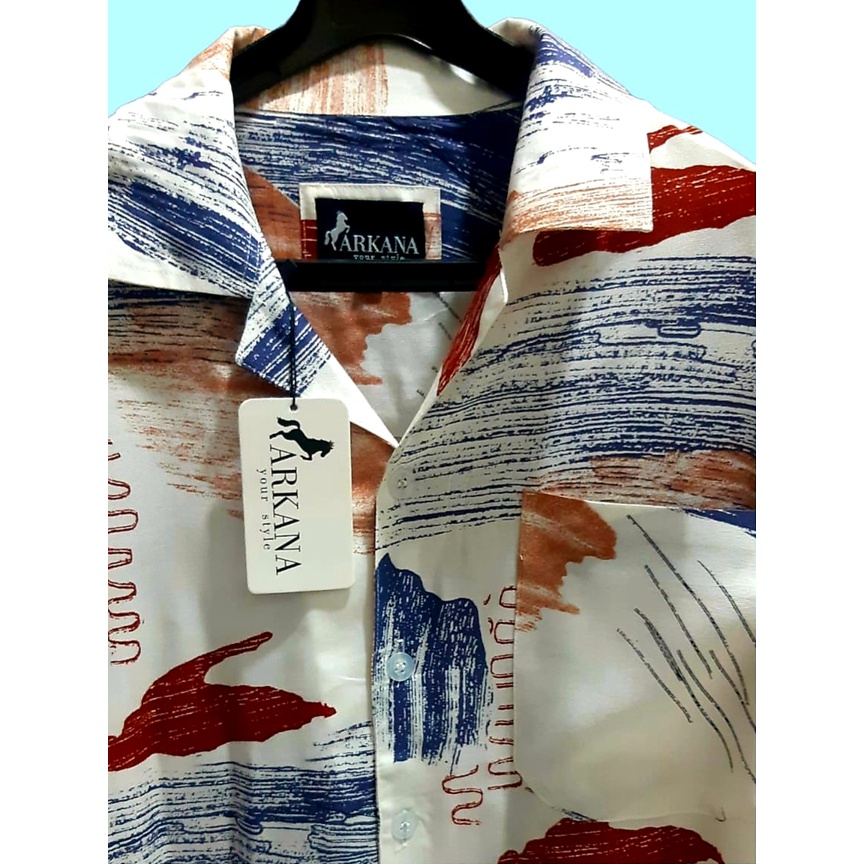 ARKANA - Kemeja Hawaii Pria Printing Bahan Katun Rayon Premium | Kemeja Pantai Pria - Putih Abstrak