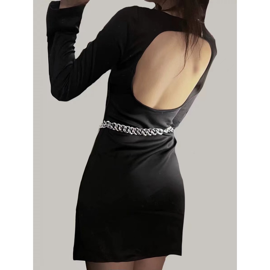 【AMY J】Open Back Chain Square Collar  Mini Dress  7538