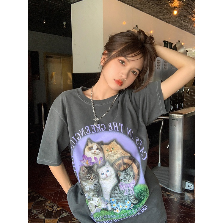 baju kaos wanita lengan pendek cartoon cat graphic print t-shirt vintage kekinian oversize hitam kaos couple