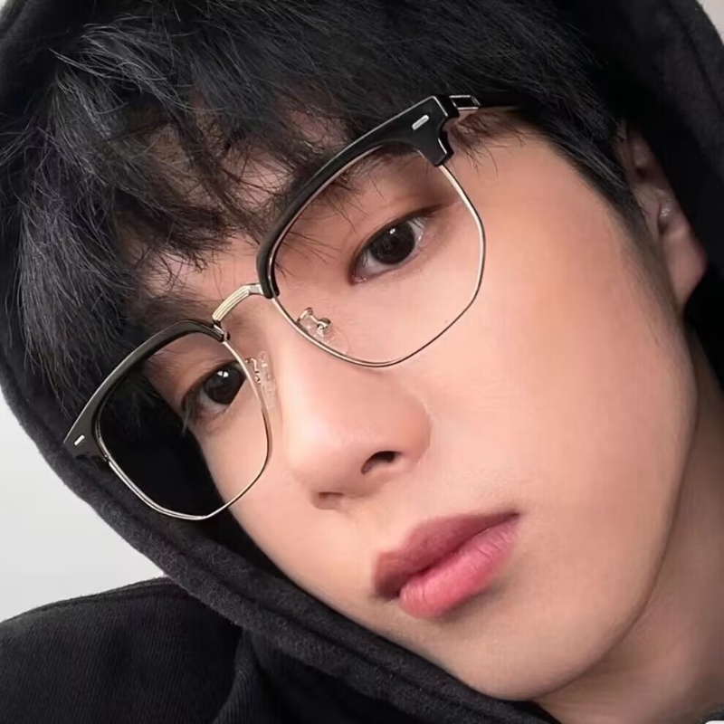 (YUZHU) Indah Mode Tinggi Logam Bulat Persegi Grame Kacamata Anti Cahaya Biru Alis Bingkai Setengah Rim Eyeglasses