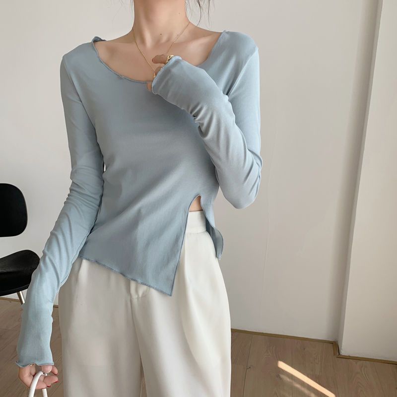 Red U-leher T-shirt wanita musim semi dan musim gugur rasa desain bagian tipis ramping bagian pendek ceruk lengan panjang kemeja bottoming keinginan murni hot gadis pakaian