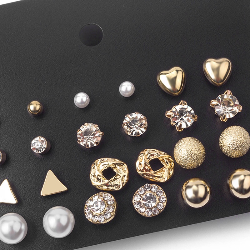 12pasang/set Anting Tusuk Bulat Kecil Punk Gold Set Anting Mutiara Untuk Wanita Anting Zirkon Lucu