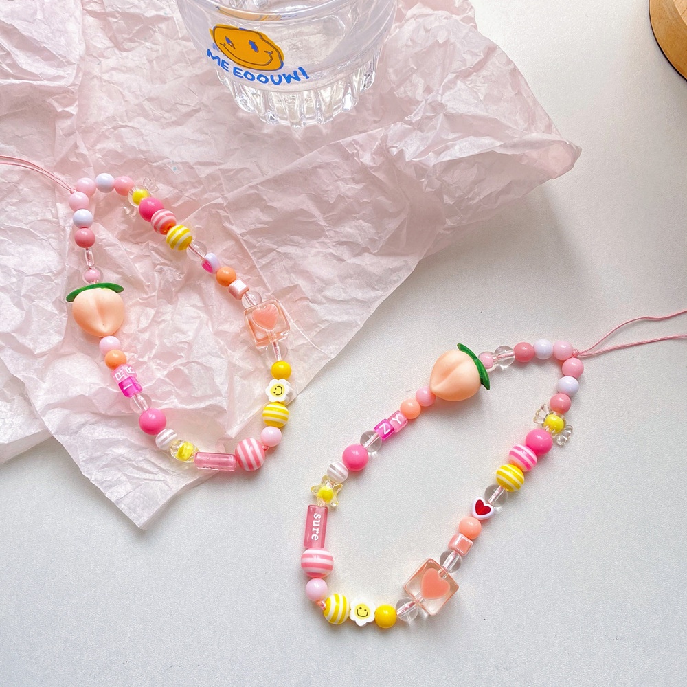 Ins Lucu Peach Rantai Ponsel Anti Hilang Lembut Tembikar Tali Tali Tali Lanyard Manik-Manik Akrilik Warna-Warni Kasus Ponsel Kabel Gantung
