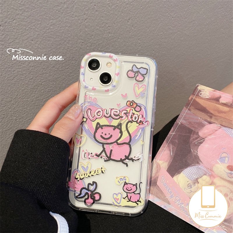 Ins Graffiti Cinta Hati Case Kompatibel Untuk iPhone 11 Pro Max7 6s 86 Plus XR 13 14 11 12 Pro Max X XS Max SE 2020 Lembut Tpu Kartun Kucing Airbag Shockproof Clear Phone Cover