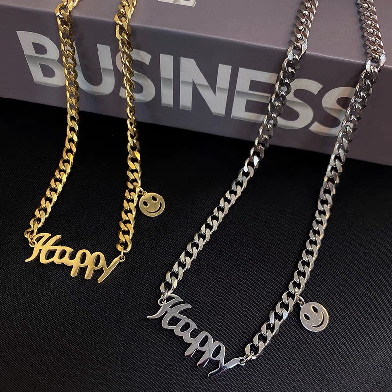 Kalung 18k Titanium Steel Desain Tulisan HAPPY Smile Face Gaya Hip Hop Korea Jepang