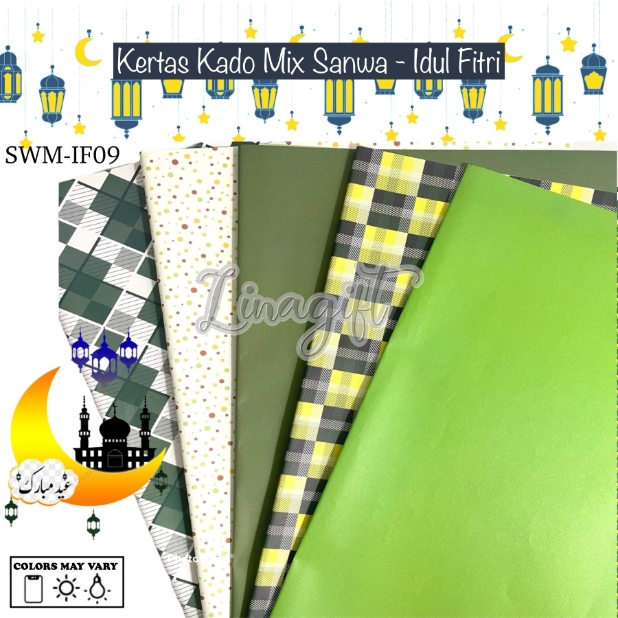 ( 5 Lembar 5 Motif ) IDUL FITRI SANWA MIX - KERTAS KADO IDUL FITRI LEBARAN SANSAN WAWA - GIFT WRAPPING MOTIF IDUL FITRI ISLAMI GREEN