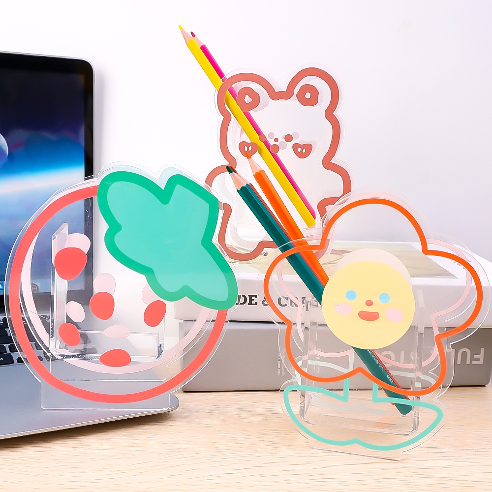 Kawaii Transparan Akrilik Tempat Pulpen Desktop Organizer INS Baru Fashion Lucu Beruang Kelinci Kotak Penyimpanan Alat Tulis Kantor