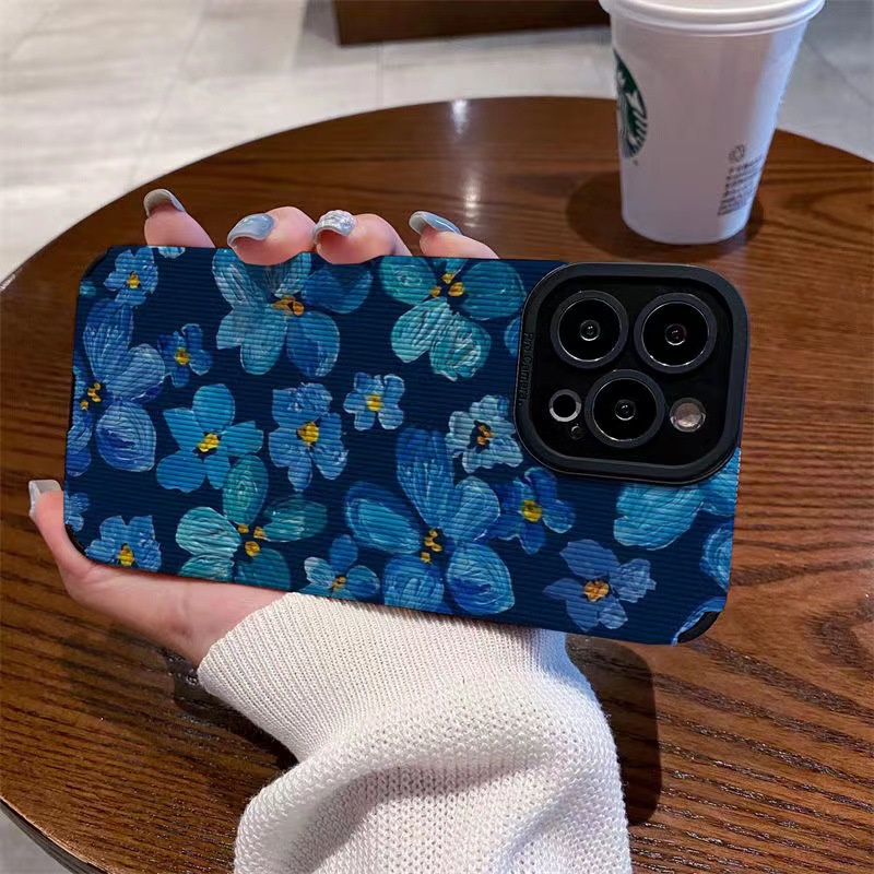 【Lamb Skin】Vertical Grain Soft Case for IPhone 6S 7 Plus 8 Plus X XS XR XS Max 11 13 12 14 PRO Max 14 Plus Fashion Blue camellia Flower Girl Women's