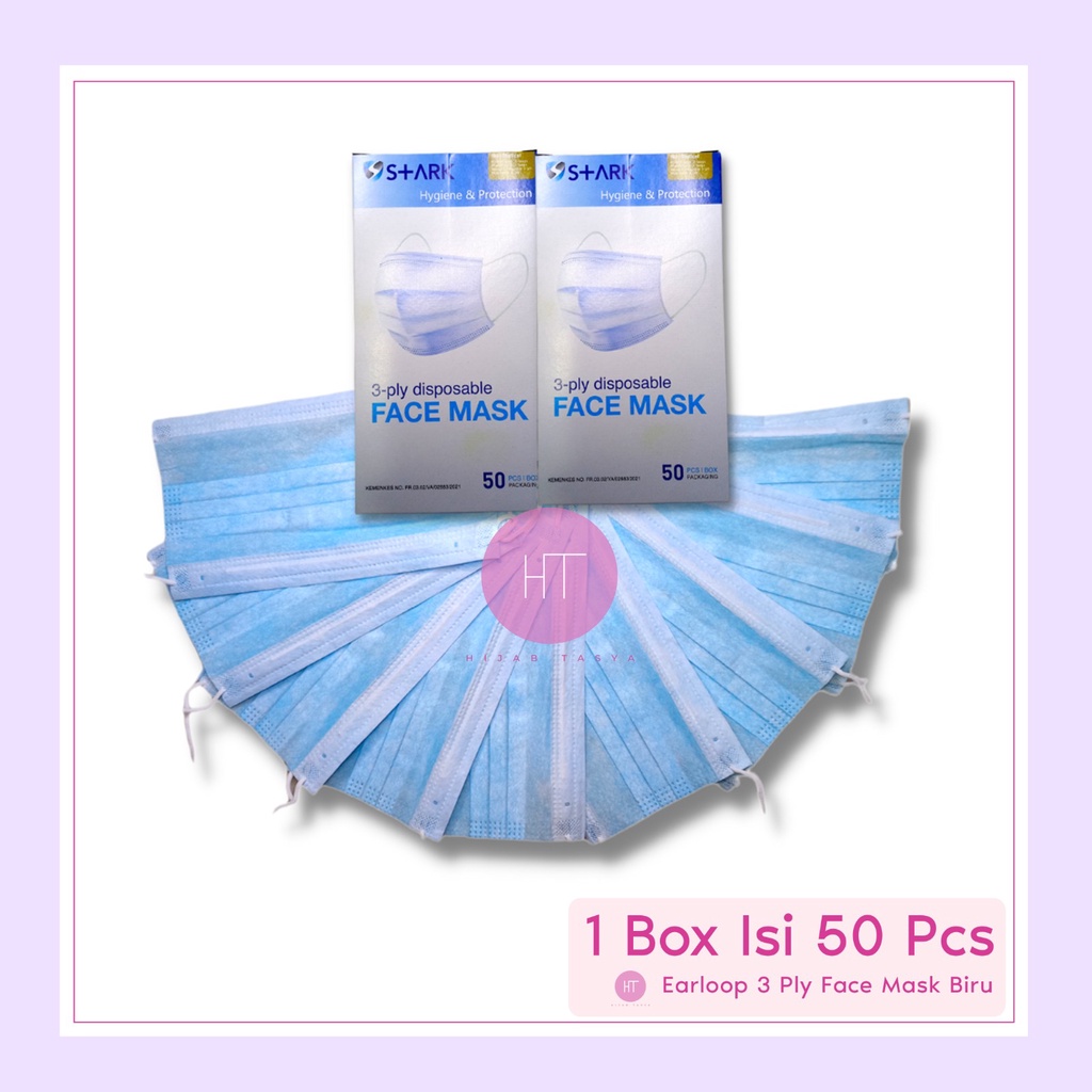 Masker Earloop 3 Ply Face Mask Biru 1 Box Isi 50 Pcs