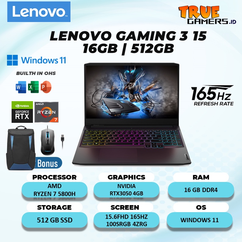 LAPTOP  GAMING RTX3050 4GB RYZEN 7 5800H 16GB 512SSD W11+OHS 15.6FHD 165HZ 100SRGB 4ZRGB