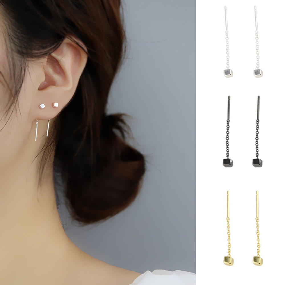 1pasang woman fashion simple Square Berlian Imitasi Rumbai Rantai Anting Menjuntai Perhiasan