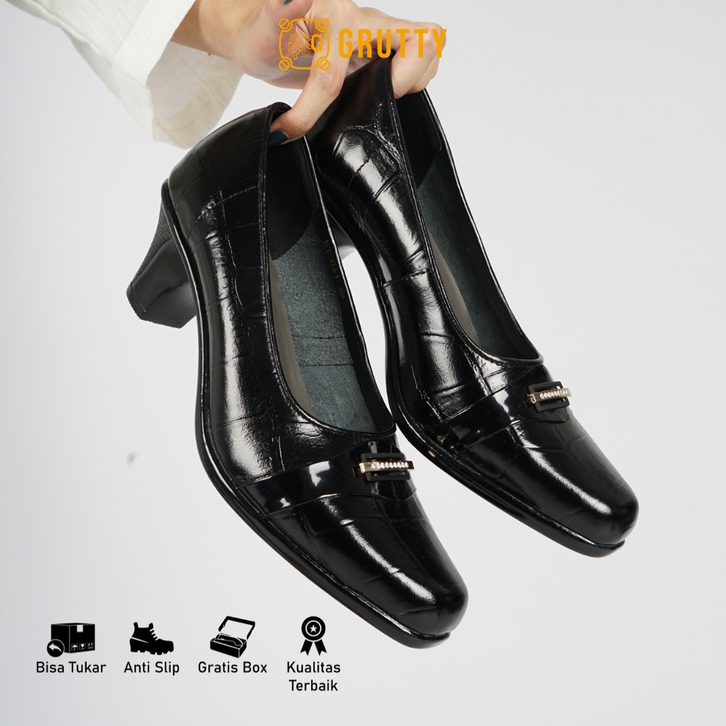 Sepatu Wanita Formal Pantofel Kerja Heels Kulit Grutty DC031 Hitam