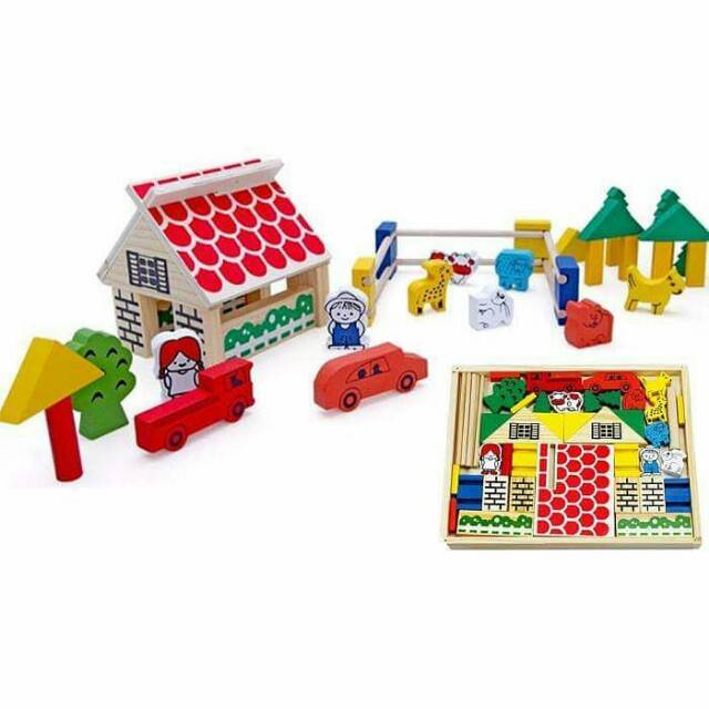 Village Building Block - Mainan Edukasi - Wooden Toys 963