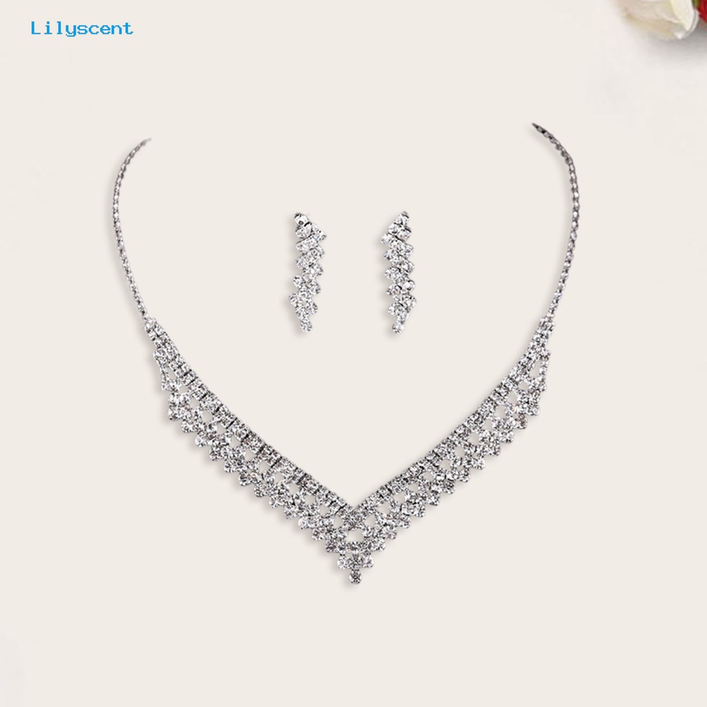 [LS] 1set Anting Pernikahan Temperamen Pengerjaan Indah Mengkilap Tinggi Berlian Imitasi Hias Geometris Dekorasi Shinyny Makan Berat Wanita Perhiasan Kalung Pernikahan Aksesori