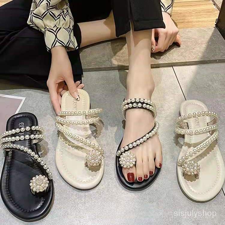 #Sisjuly# Sandal wanita sandal pantai mutiara bawah datar wanita baru sandal pantai mutiara sandal s