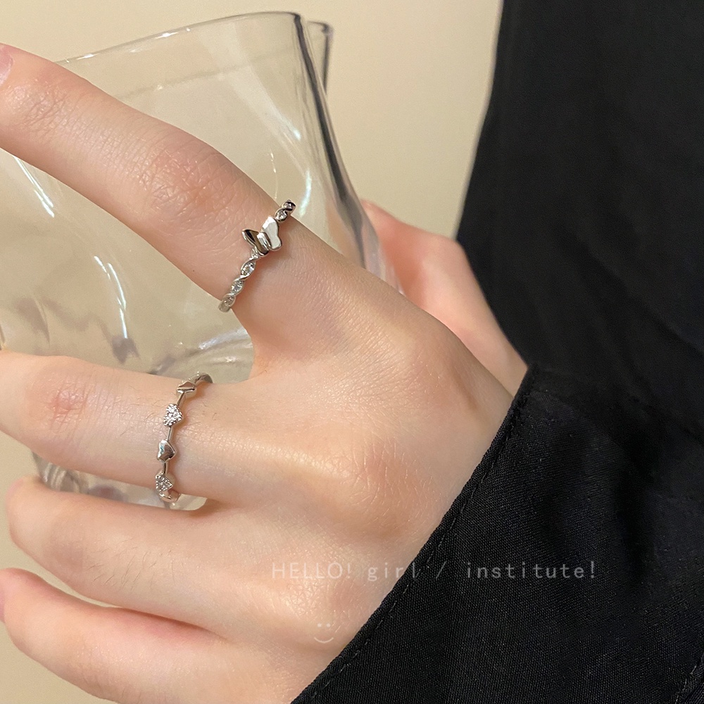 YEEZII Cincin Tembaga Elegan Set Zirkon Hati Kupu-Kupu Perak Jari Rings Perhiasan Aksesoris